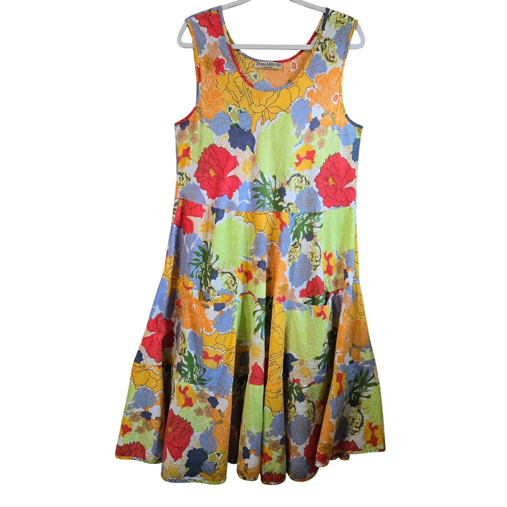 Dress Addict XL Boho Floral Midi Dress Cotton Sleeveless Pockets Multi Color